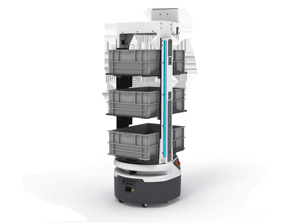 - RobotsInc.com Autonomous warehouse robot with four stacked gray bins on a vertical shelving carriage for automated picking.