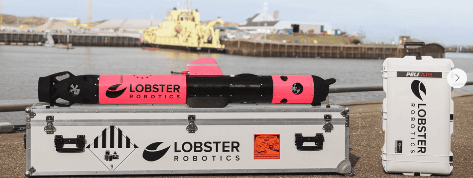 - RobotsInc.com Pink and black Lobster Robotics underwater drone resting on a silver Lobster Robotics transport case by a harbor.