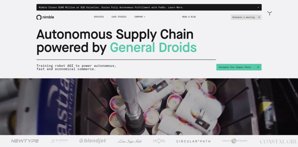 - RobotsInc.com Hero banner: 'Autonomous Supply Chain powered by General Droids' with subheading and teal CTA; background shows a conveyor loading spray cans.