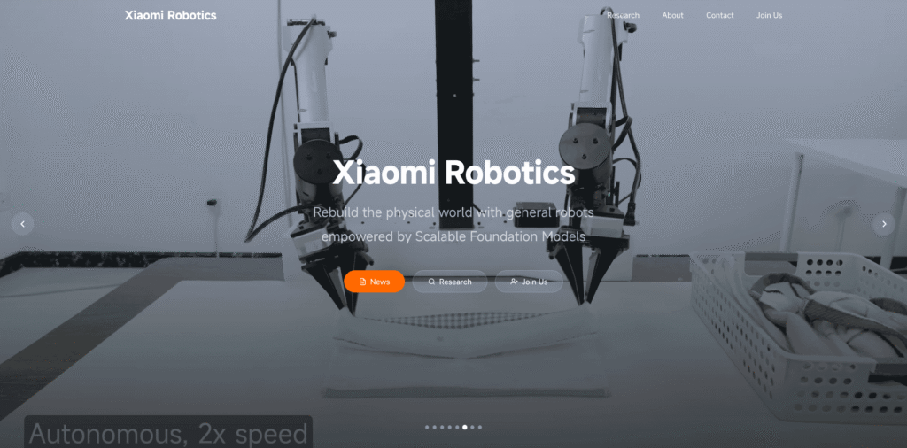 - RobotsInc.com Hero banner for Xiaomi Robotics site showing two robotic arms in a lab with navigation links and a large centered title 'Xiaomi Robotics'