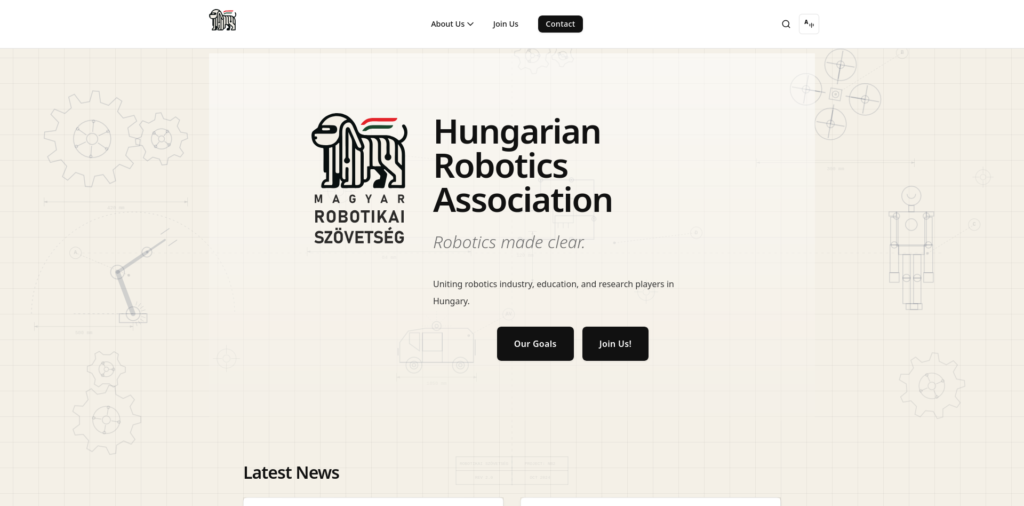 - RobotsInc.com Hero banner for the Hungarian Robotics Association featuring logo, title 'Hungarian Robotics Association' and subtitle 'Robotics made clear' with 'Our Goals' and 'Join Us' buttons.