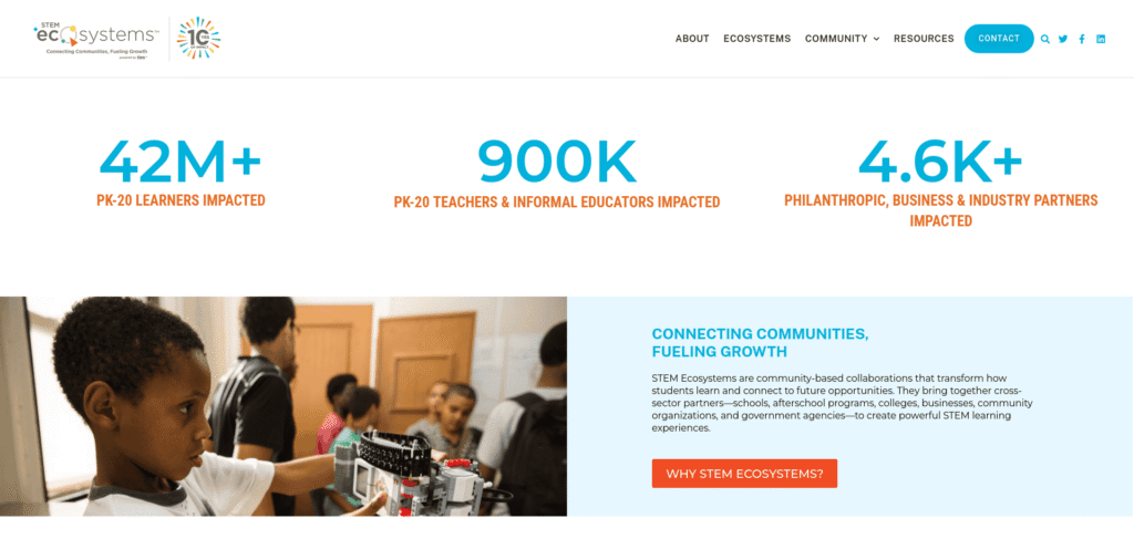 - RobotsInc.com Hero banner with three metrics (42M+, 900K, 4.6K+) and a left-side photo of a student building a robot kit; right shows a blue information panel.