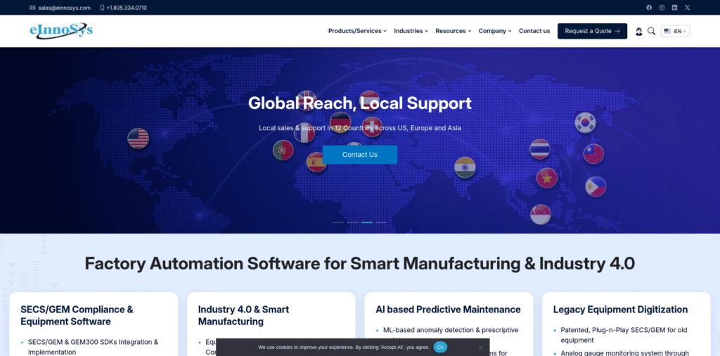 - RobotsInc.com Hero banner: 'Global Reach, Local Support' with world map background and flag icons, plus a 'Contact Us' call-to-action button.