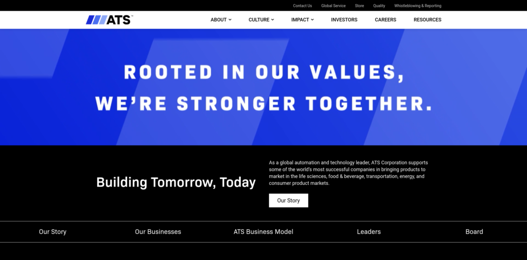 - RobotsInc.com ATS homepage hero: blue geometric banner with the slogan 'Rooted in our values, we're stronger together' and a black section below showing 'Building Tomorrow, Today' with an 'Our Story' button.