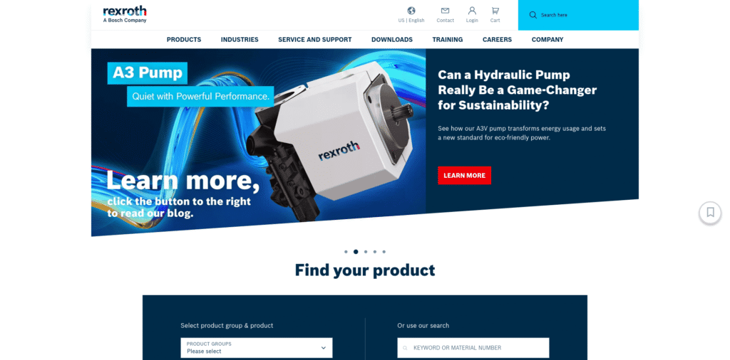 - RobotsInc.com Rexroth hero banner with a white hydraulic pump on a blue background and the headline about sustainability, plus a red 'Learn More' button