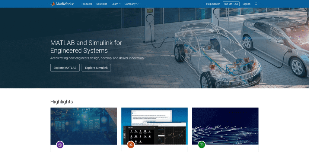 - RobotsInc.com Hero banner with a blueprint-style car chassis beside an electric vehicle charging station, overlaid with the MATLAB and Simulink headline text and buttons.