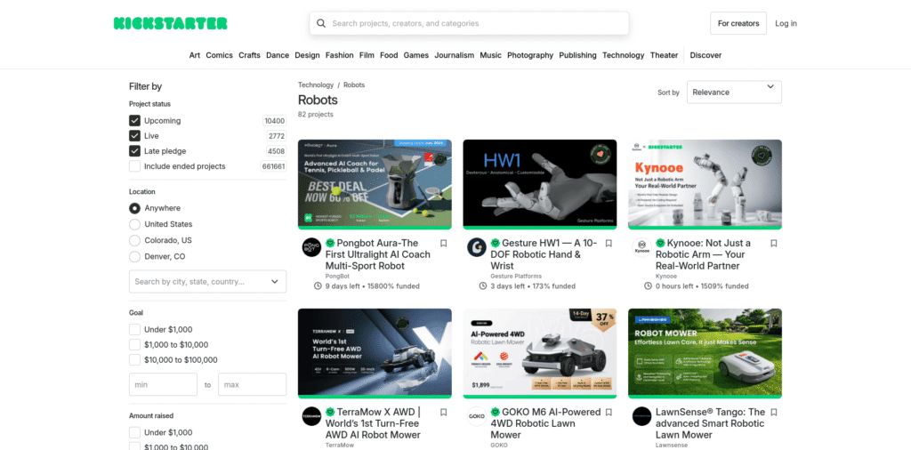 - RobotsInc.com Kickstarter Robots category page with multiple project thumbnails and left filter panel for status and location