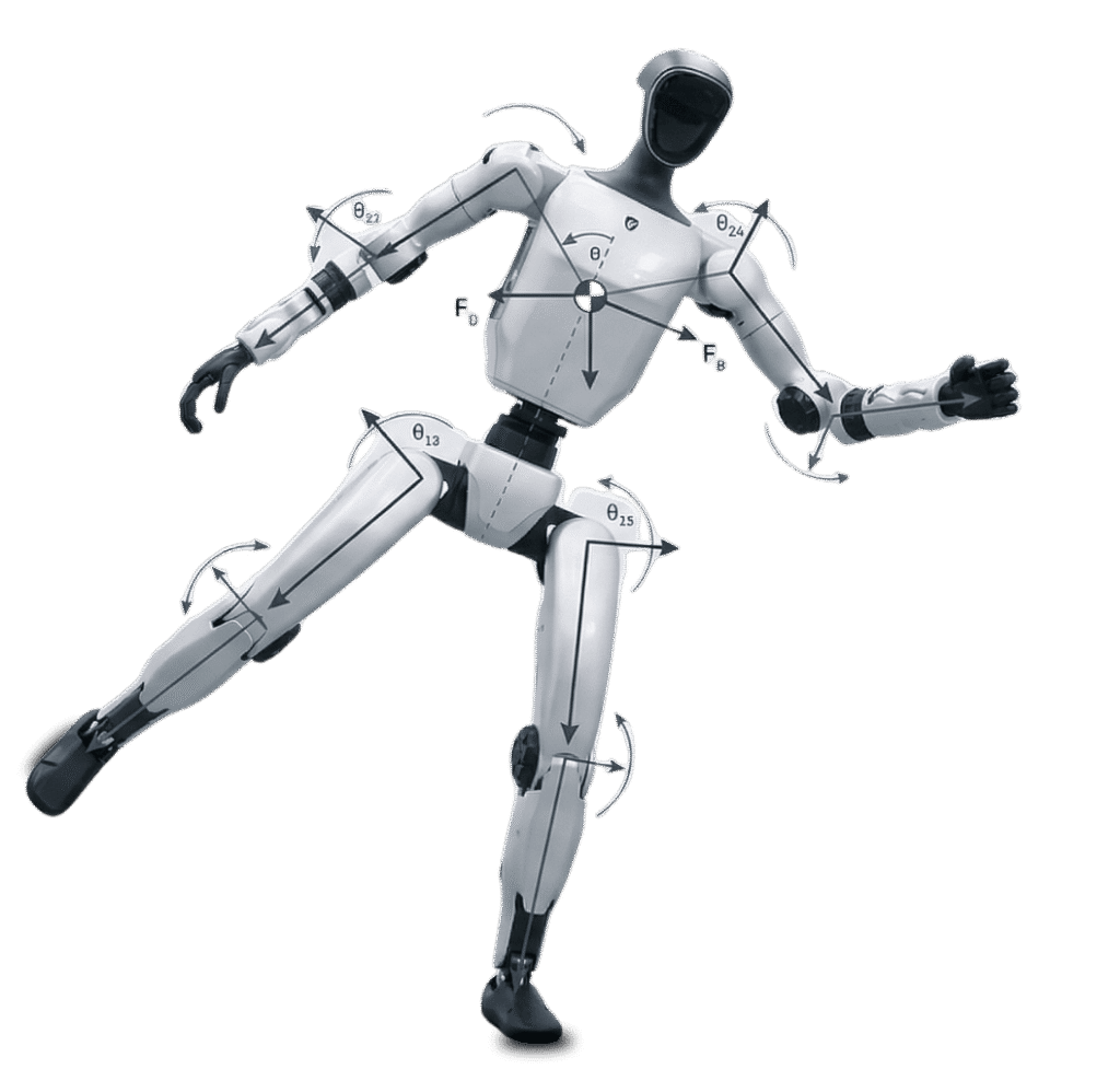 - RobotsInc.com Silver humanoid robot in a dynamic kicking pose with arrows showing joint movement and angles.