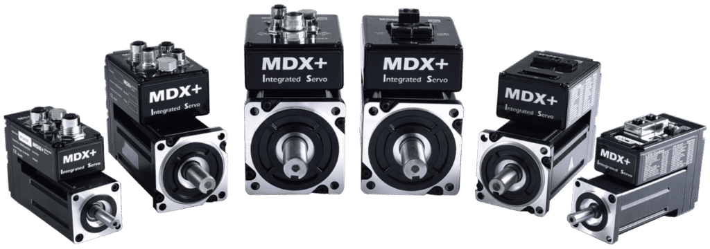 - RobotsInc.com Multiple MDX+ integrated servo motors arranged in a row, varying sizes from small to large.