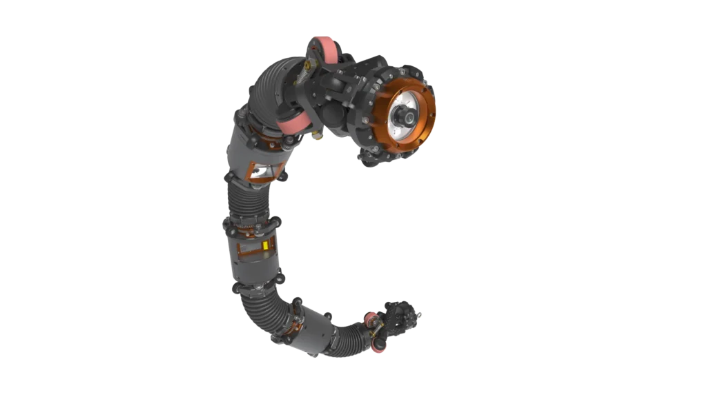 - RobotsInc.com Robotic arm with orange joints emitting multiple colored laser lines to the right (green, yellow, blue).