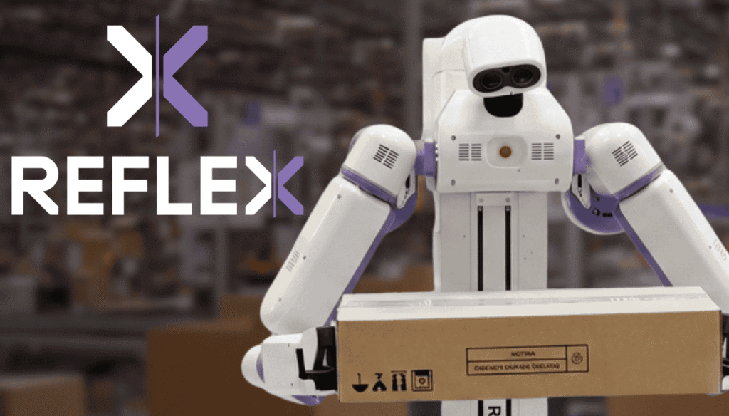 - RobotsInc.com White and purple warehouse robot holding a cardboard package beside the REFLEX logo.