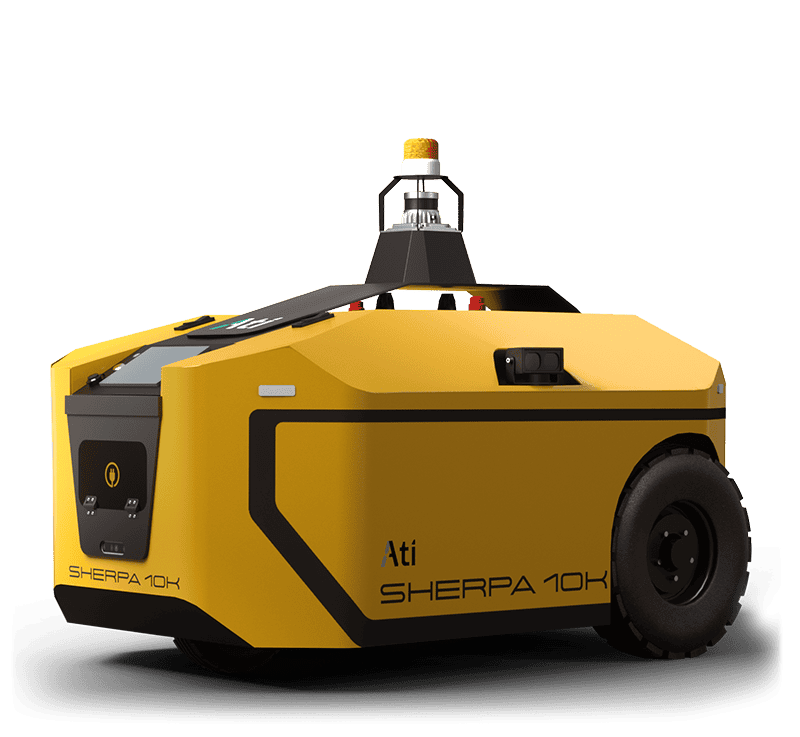 - RobotsInc.com Autonomous yellow rover named Sherpa 10K with a raised camera turret on top, designed for industrial or exploration tasks, shown on a black surface