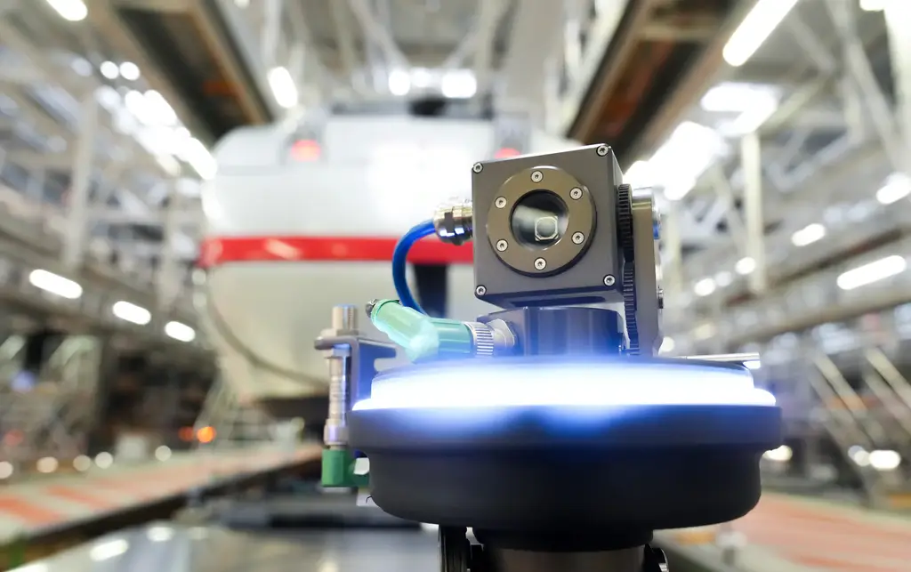 - RobotsInc.com Close-up of a machine-vision camera mounted on a fixture in a manufacturing setting, with a bright blue glow from the base and blurred production line in the background.