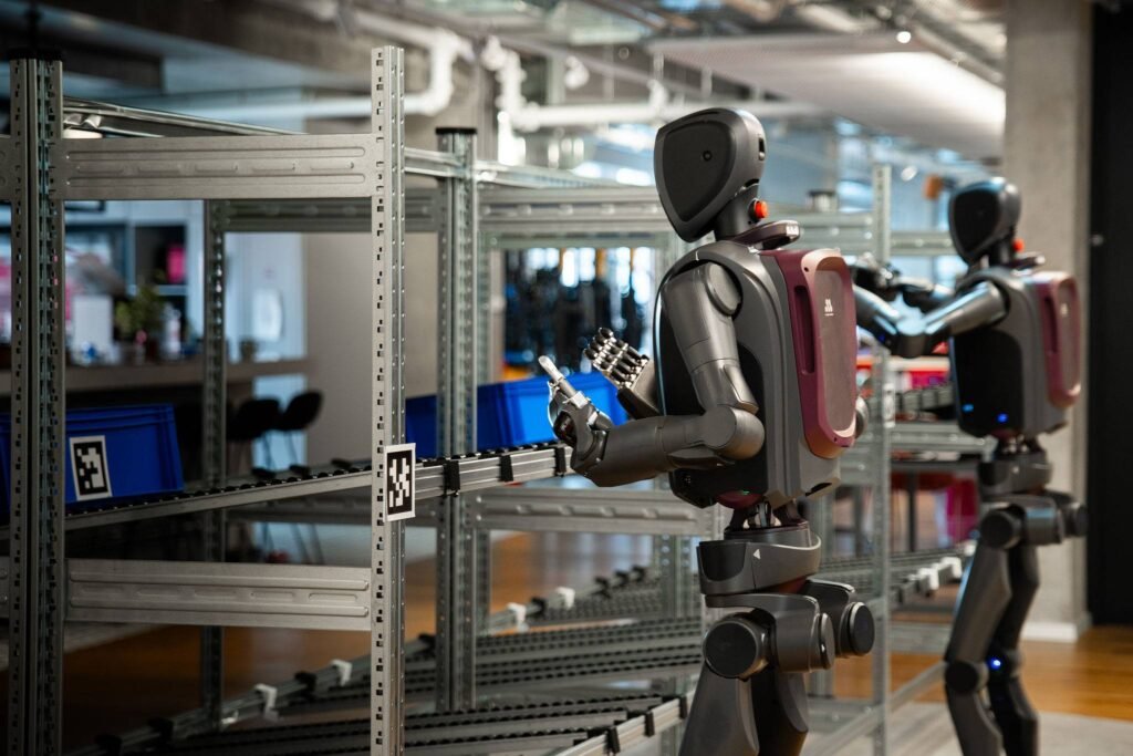 - RobotsInc.com Humanoid robot standing beside metal shelving in a tech lab or workshop.