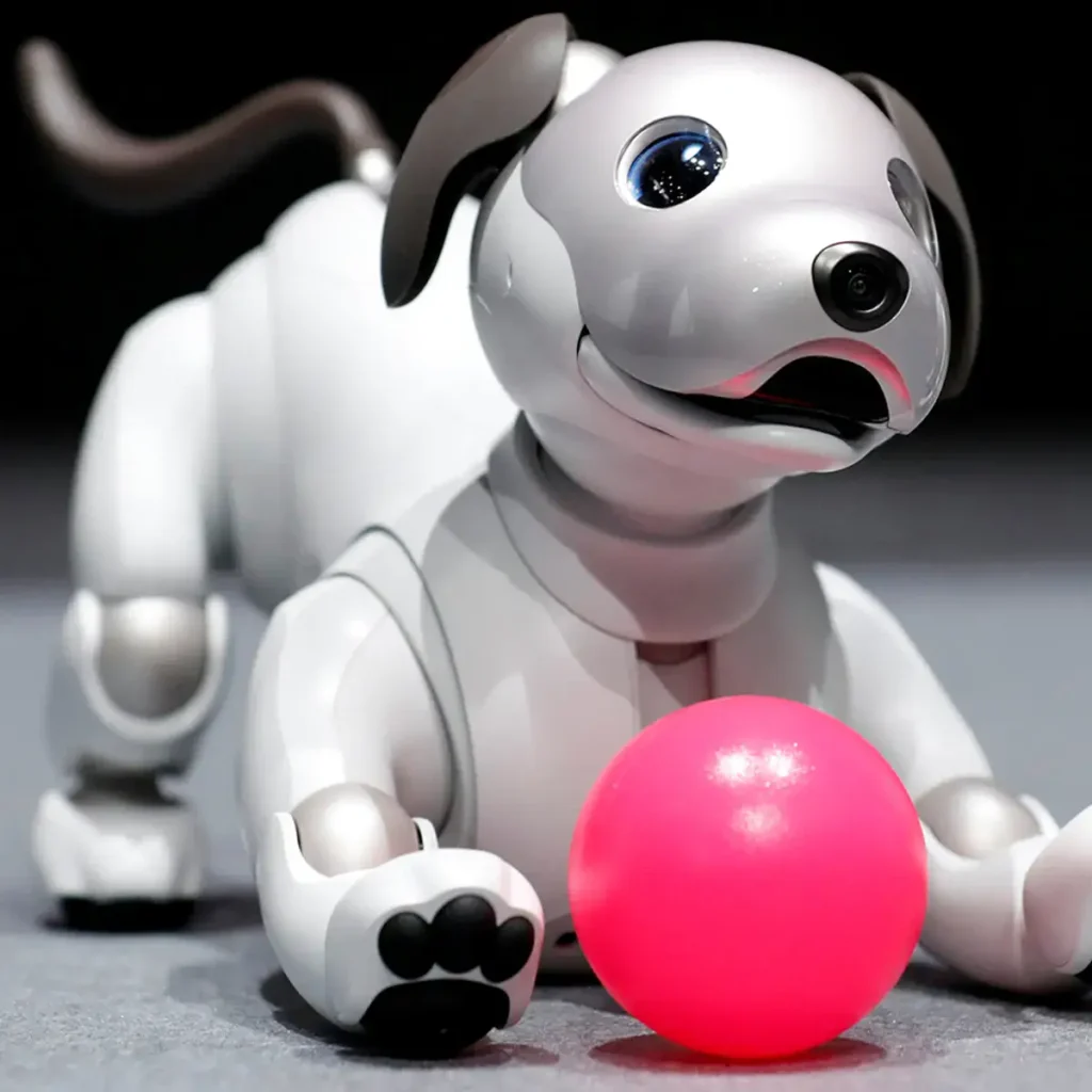 - RobotsInc.com White robotic dog toy playing with a bright pink ball on a gray floor, looking toward the camera with a friendly expression.