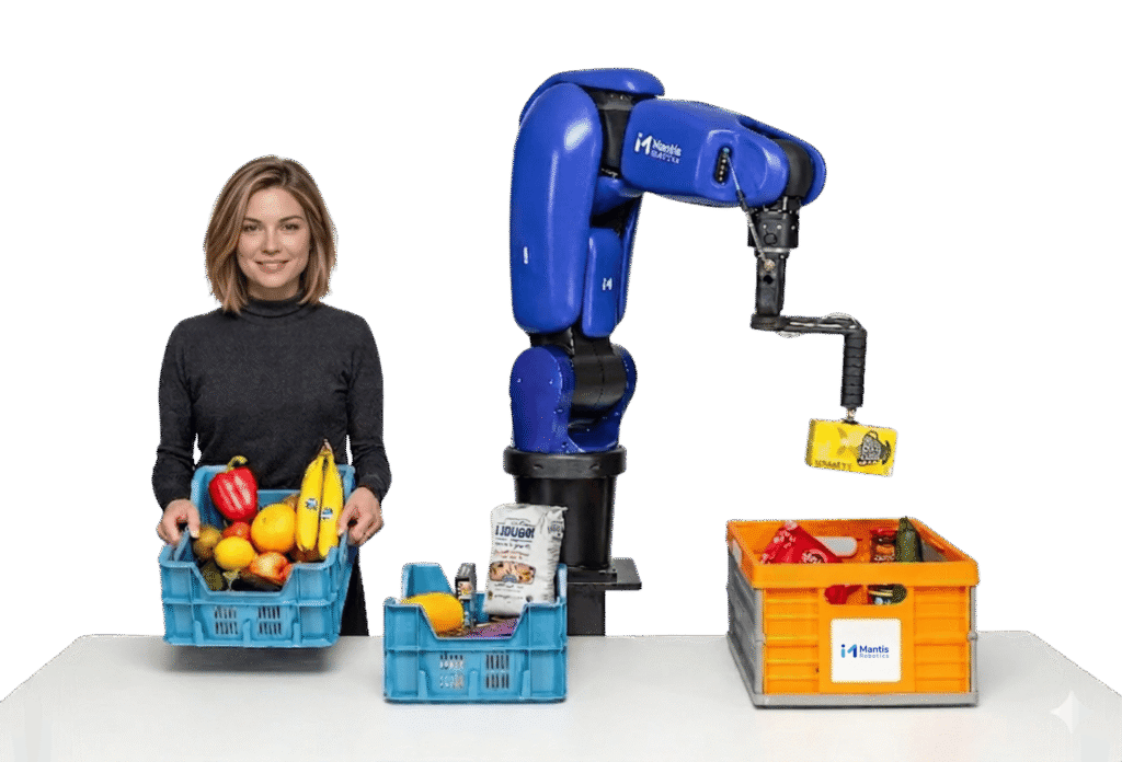 - RobotsInc.com Woman with a grocery bag stands next to a blue robotic arm sorting produce into crates on a table.
