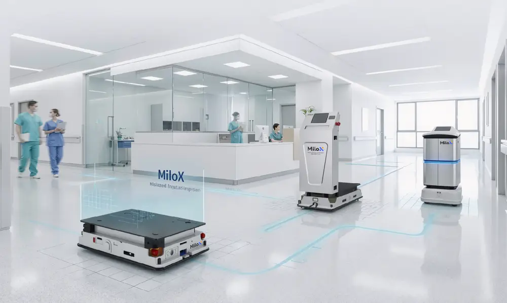- RobotsInc.com Hospital corridor with Milox autonomous robots delivering supplies and assisting staff near a reception desk.