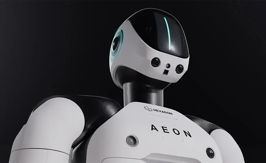 » RobotsInc.com White humanoid service robot with black face visor, blue light strip, and 'AEON' branding on the chest against a dark background
