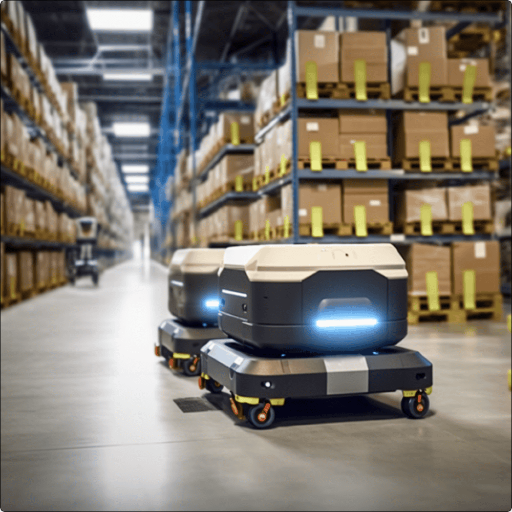 - RobotsInc.com Autonomous mobile robots in a warehouse, navigating between tall shelves stocked with boxes.