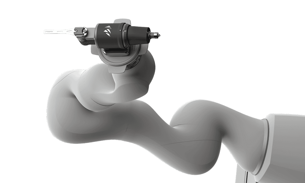 - RobotsInc.com Robotic arm holding a precision surgical instrument against a plain background, showing an advanced medical robot in use.