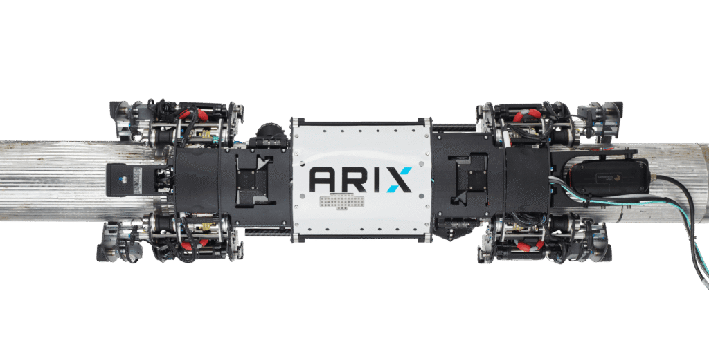 - RobotsInc.com Modular robotic drive unit mounted on a metal pipe with an ARIX-branded center panel, showing exposed electronics and wiring.