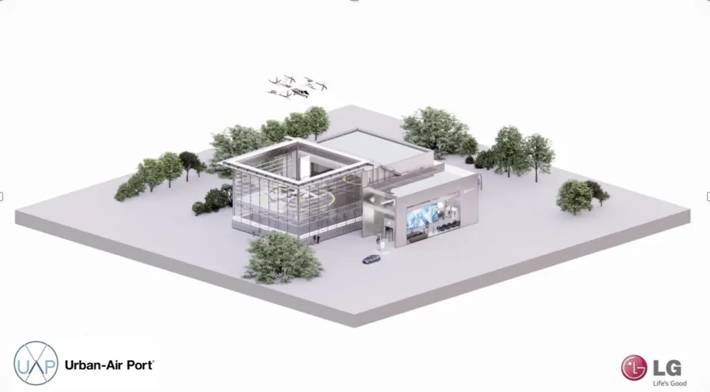 » RobotsInc.com 3D rendering of an Urban Air Port hub with a glass-walled terminal, adjacent building, trees, and drones flying overhead; LG logo bottom right.